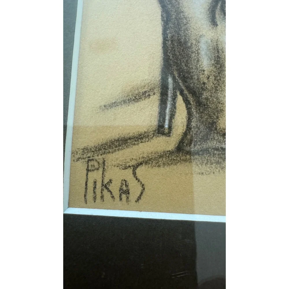 Alex Pikas Cubist Style Signed Original Drawing Framed Cafe Figure Art‎ UV Glass